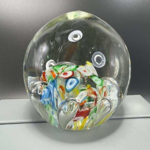 Hand Blown Art Glass Paperweight With Large Bubbles Multicolored Millefiori VTG - Picture 1 of 12